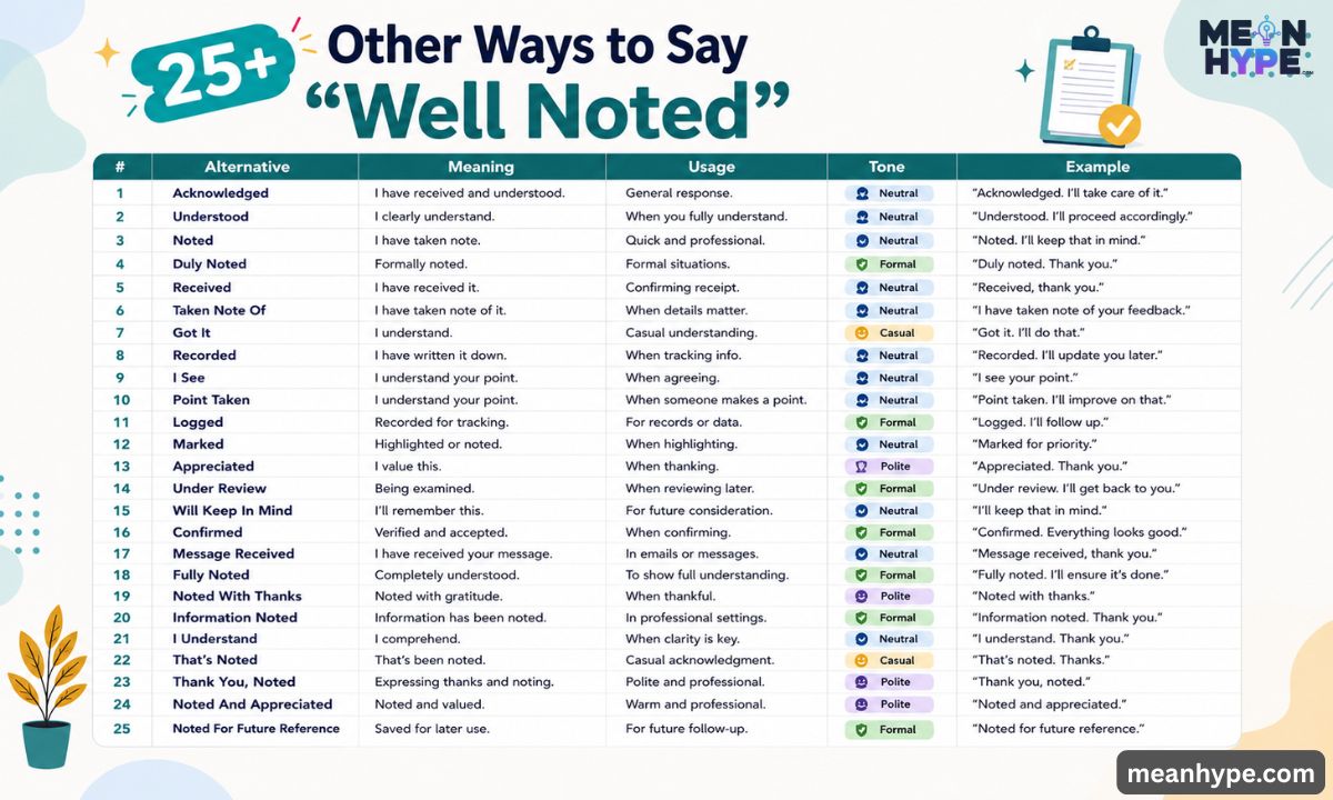 Other Ways to Say “Well Noted” in an Email at Work
